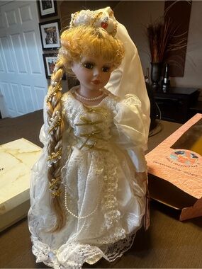 White Bridal Porcelain Doll with Blonde Hair